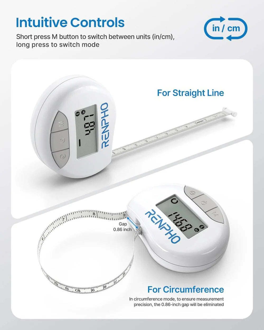 RENPHO Smart Tape Measure BLE Lithium Button