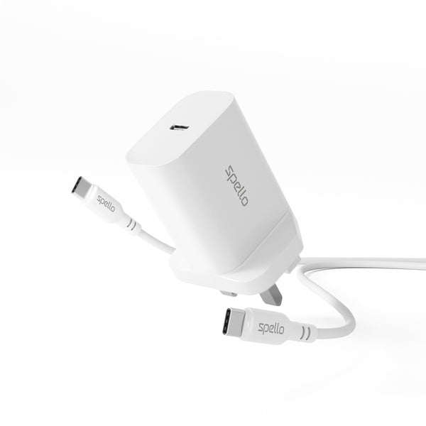 Spello 20W PD Charger with Type G Plug & USB-C to USB-C Cable