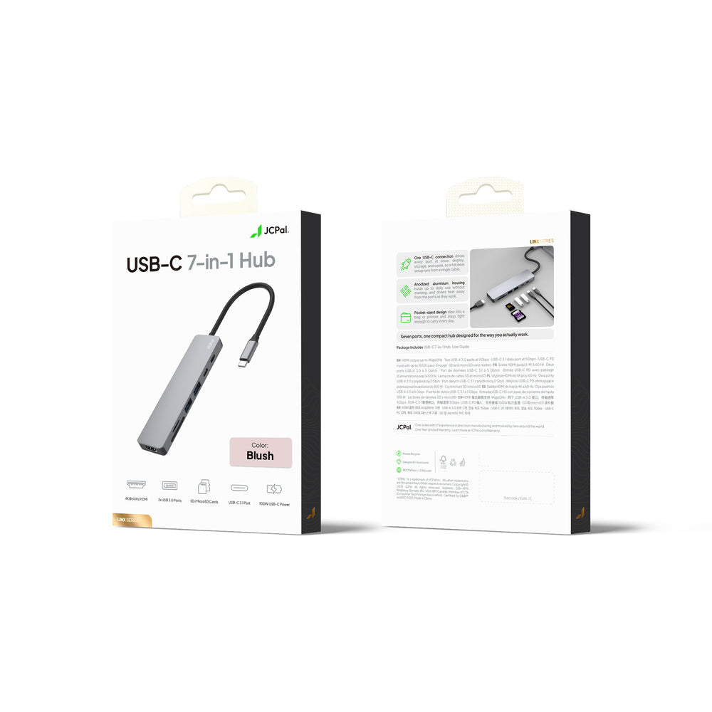 JCPal Linx USB-C 7in1 Hub(2*USB3.0+USB C3.1+HDMI/60Hz+SD/TF3.0+PD100W) - Blush