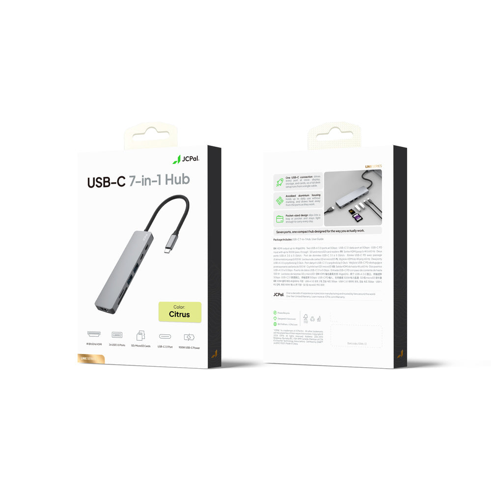 JCPal Linx USB-C 7in1 Hub(2*USB3.0+USB C3.1+HDMI/60Hz+SD/TF3.0+PD100W) - Citrus