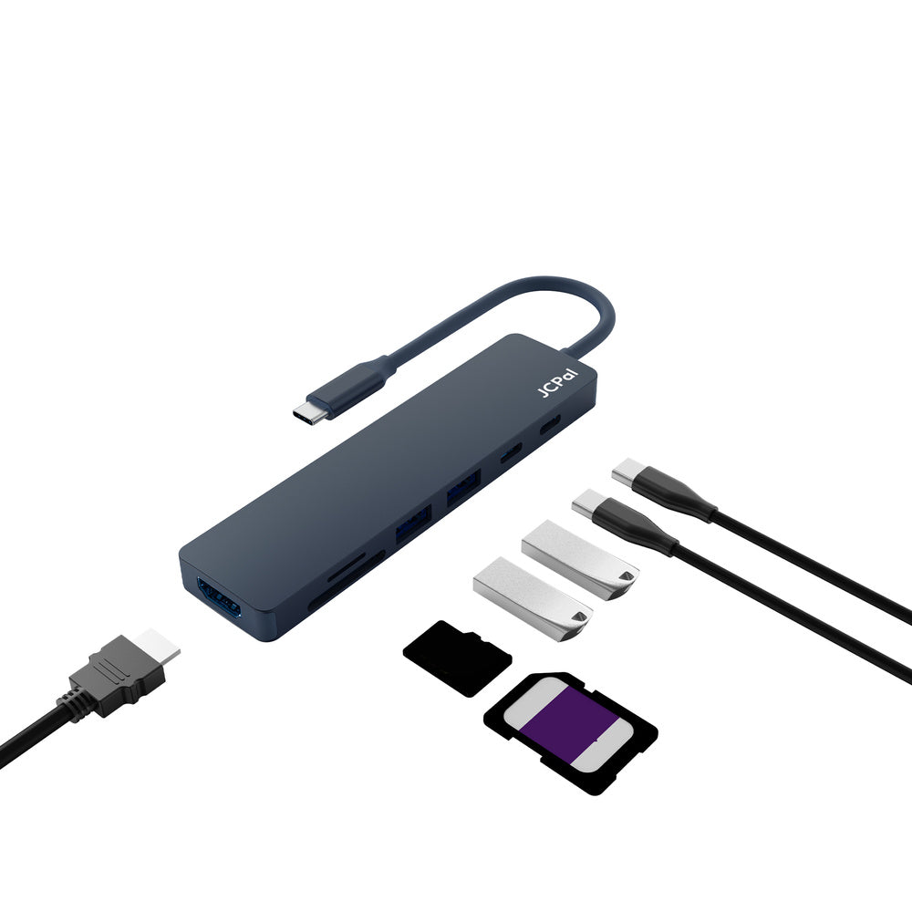JCPal Linx USB-C 7in1 Hub(2*USB3.0+USB C3.1+HDMI/60Hz+SD/TF3.0+PD100W) - Indigo