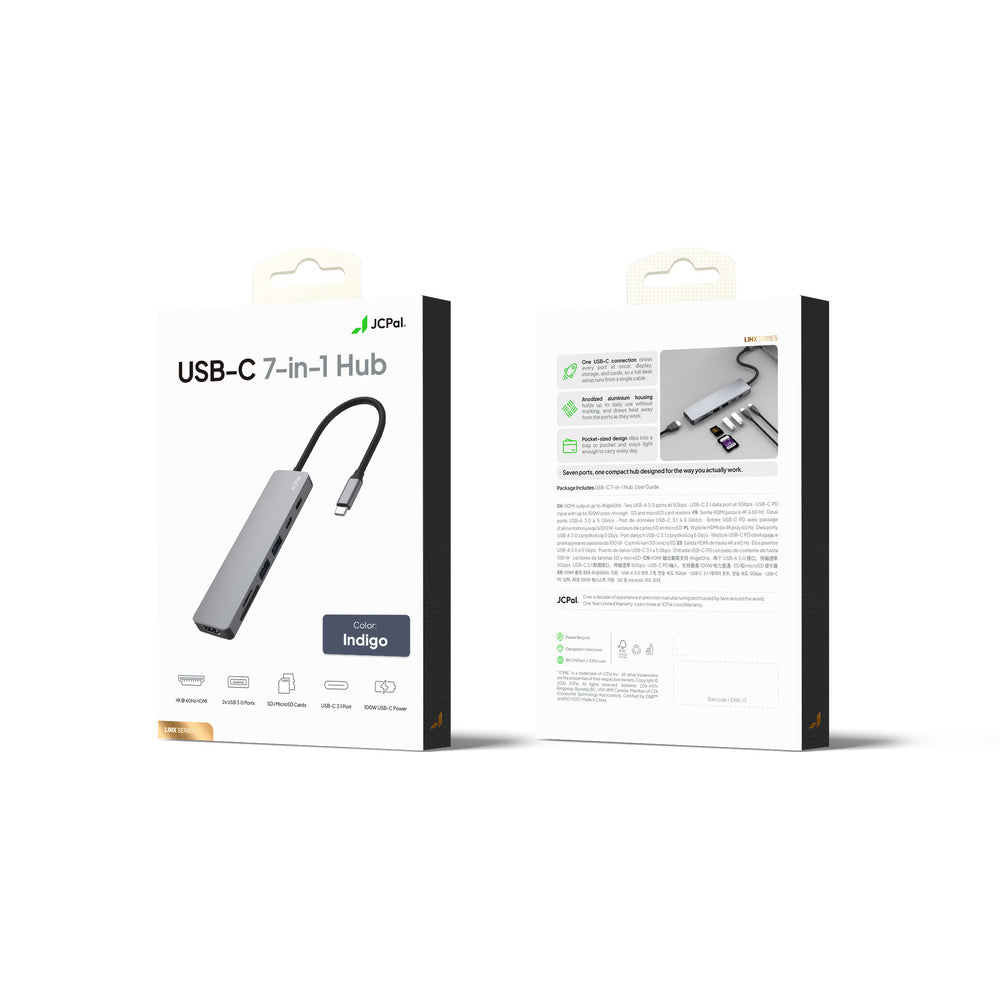 JCPal Linx USB-C 7in1 Hub(2*USB3.0+USB C3.1+HDMI/60Hz+SD/TF3.0+PD100W) - Indigo