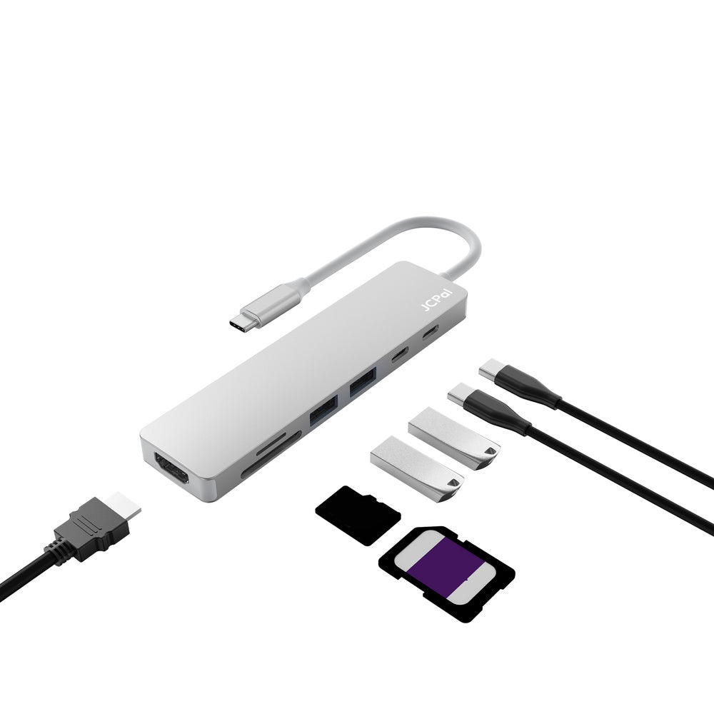 JCPal Linx USB-C 7in1 Hub(2*USB3.0+USB C3.1+HDMI/60Hz+SD/TF3.0+PD100W) - Silver