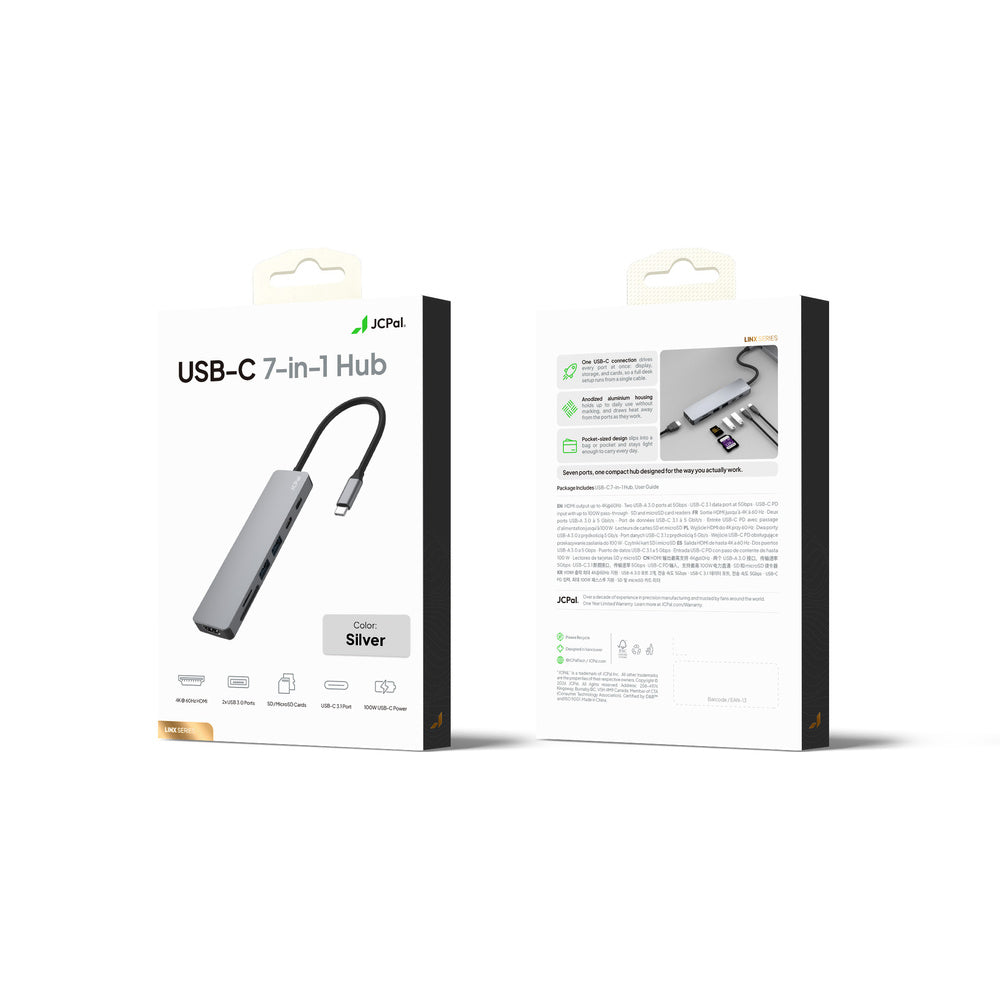 JCPal Linx USB-C 7in1 Hub(2*USB3.0+USB C3.1+HDMI/60Hz+SD/TF3.0+PD100W) - Silver