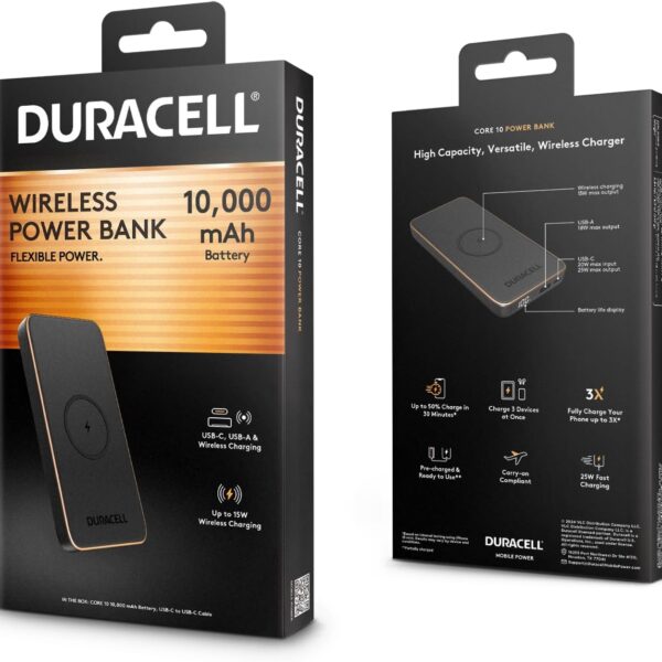 Duracell Core 10 Portable Charger | Wireless 10,000mAh Power Bank