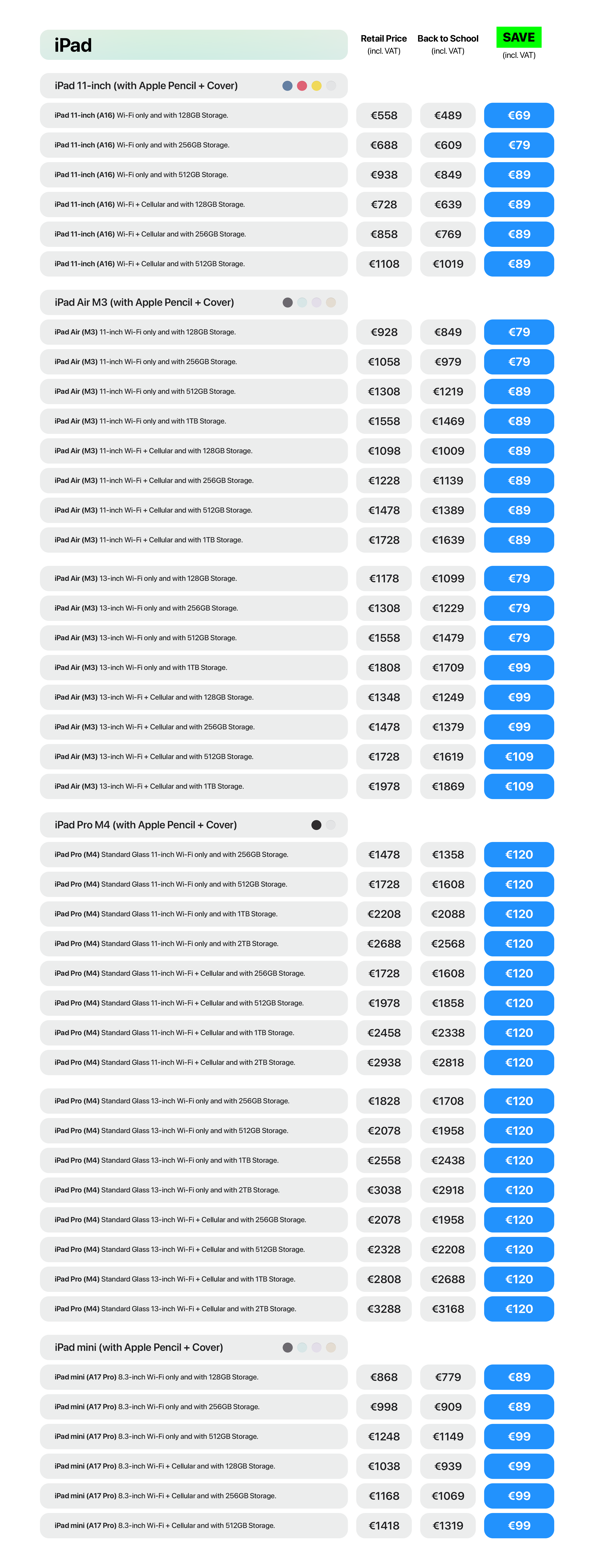 iPad Lineup Back to School Price List